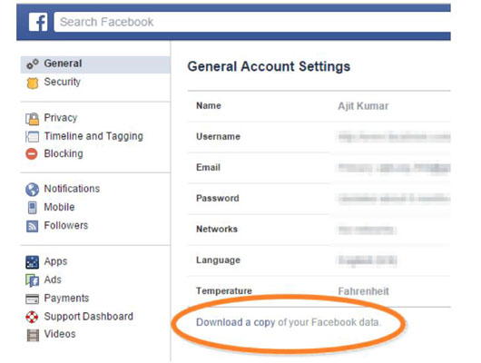 Facebook提供个人信息下载的入口