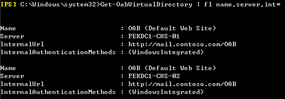 计算机生成了可选文字:&#10;C: Windows ys tem32 t OabU irtua IDirectory &#10;FI name. &#10;server. int* &#10;ame &#10;InternalUrI &#10;InternalRuthenticationMethods &#10;ame &#10;InternalUrI &#10;InternalRuthenticationMethods &#10;. ORB (Default Web Site) &#10;PEKDCI -CHS-OI &#10;. http://mail.contoso.com/ORB &#10;. {Windows Integrated} &#10;. ORB (Default Web Site) &#10;PEKDCI -CHS -02 &#10;. http://mail.contoso.com/ORB &#10;. {Windows Integrated}