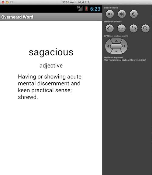 显示单词 ‘sagacious’ 的 Overheard Word 显示屏幕的更新视图。