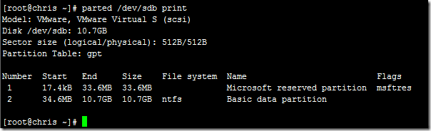 在Windows Server 2008 R2 VMware虚拟机上创建的10GB GPT分区格式的10GB磁盘的分区信息