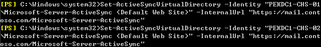 计算机生成了可选文字:&#10;[PSI Identity &#10;(Default Web Site)" InternalUrI "https://mail.cont &#10;so.com/MicrosoFtSeruerRctiueSync" &#10;[PSI Identity &#10;(Default Web Site)" InternalUrI "https://mail.cont &#10;so.com/MicrosoFtSeruerRctiueSync"