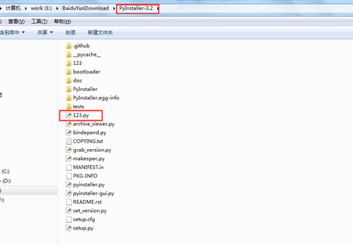 计算机生成了可选文字: *work(E:)*BaiduyunDownload*!Pylnstaller一3.2 ）查看凹 含到库中， 工具① 共享， 帮助坦） 亥」录 新建文件哭 ·9ithub 一pycache 123 泛 ,bootloader 为doc 卫Pyln。。Iler 月Pylnstaller.egg一info testS 123.py (C:) (D:) ::) ．声archive--viewer.py 户bindepend·py ~Cop竹NG.txt ．户grab一ersion.py 户make,pec·py 口MANIFEsT·in 口pKG一INFo 刁pyinstaller·py 分pyinstaller一gui·py 口README·『St 分Set-.ve『5ion·py 口，etup．内 ．户setup·py