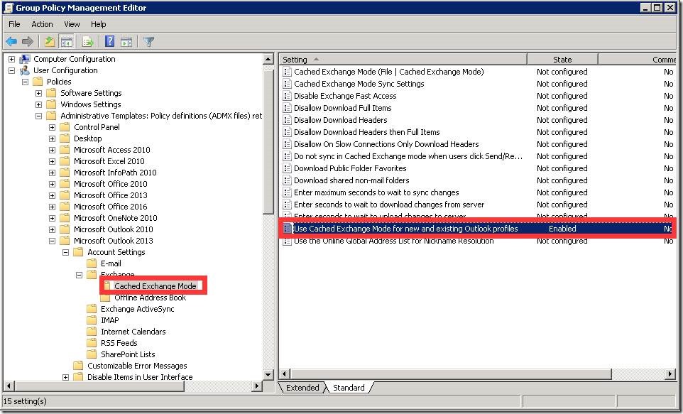use cached exchange mode outlook 2013
