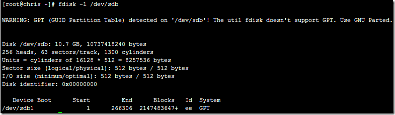 此时再用fdisk就会提示fdisk不支持GPT分区格式，建议使用parted工具