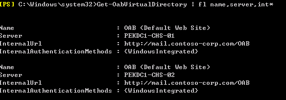 计算机生成了可选文字:&#10;C: Windows ys tem32 t OabU irtua IDirectory &#10;FI name. &#10;server. int* &#10;*ame &#10;InternalUrI &#10;InternalRuthenticationMethods &#10;*ame &#10;InternalUrI &#10;InternalRuthenticationMethods &#10;. ORB (Default Web Site) &#10;PEKDCI -CHS-OI &#10;. http://maiI.contosocorp.com/ORB &#10;. {Windows Integrated} &#10;. ORB (Default Web Site) &#10;PEKDCI -CHS -02 &#10;. http://maiI.contosocorp.com/ORB &#10;. {Windows Integrated}