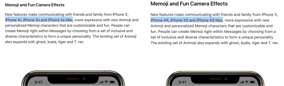 苹果官网 iOS 12 页面修改前（左）后（右）对比