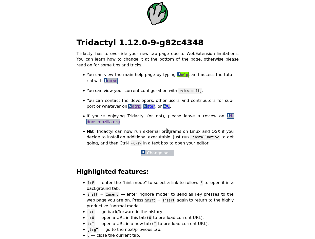 Tridactyl 的新选项卡页面，展示了链接的指引。
