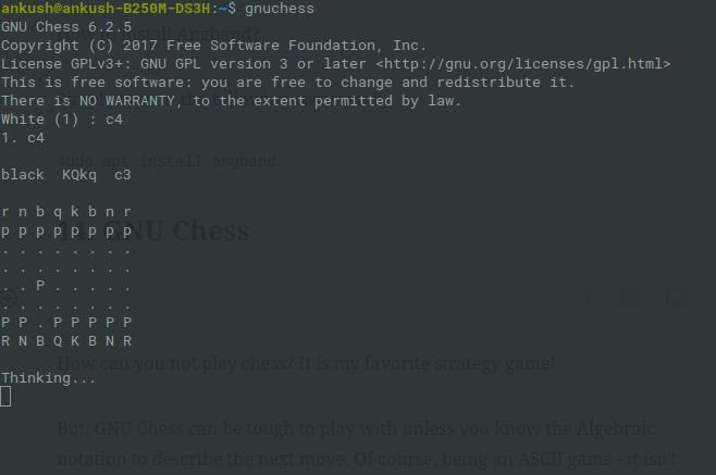 GNU Chess is a chess game that you can play in Linux terminal