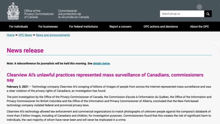加拿大当局“实锤”Clearview面部识别技术违反隐私法