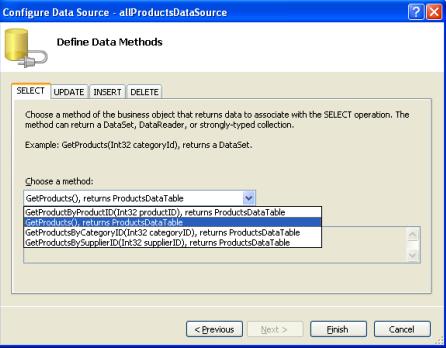 配置 ObjectDataSource 调用 GetProducts() 方法