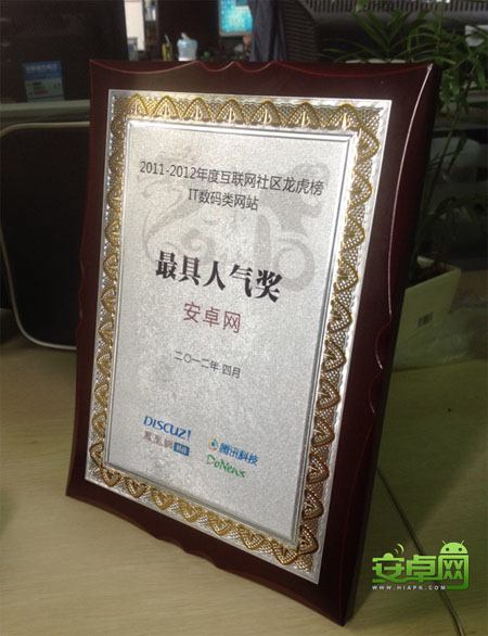 安卓网荣获年度互联网社区IT数码类***人气奖