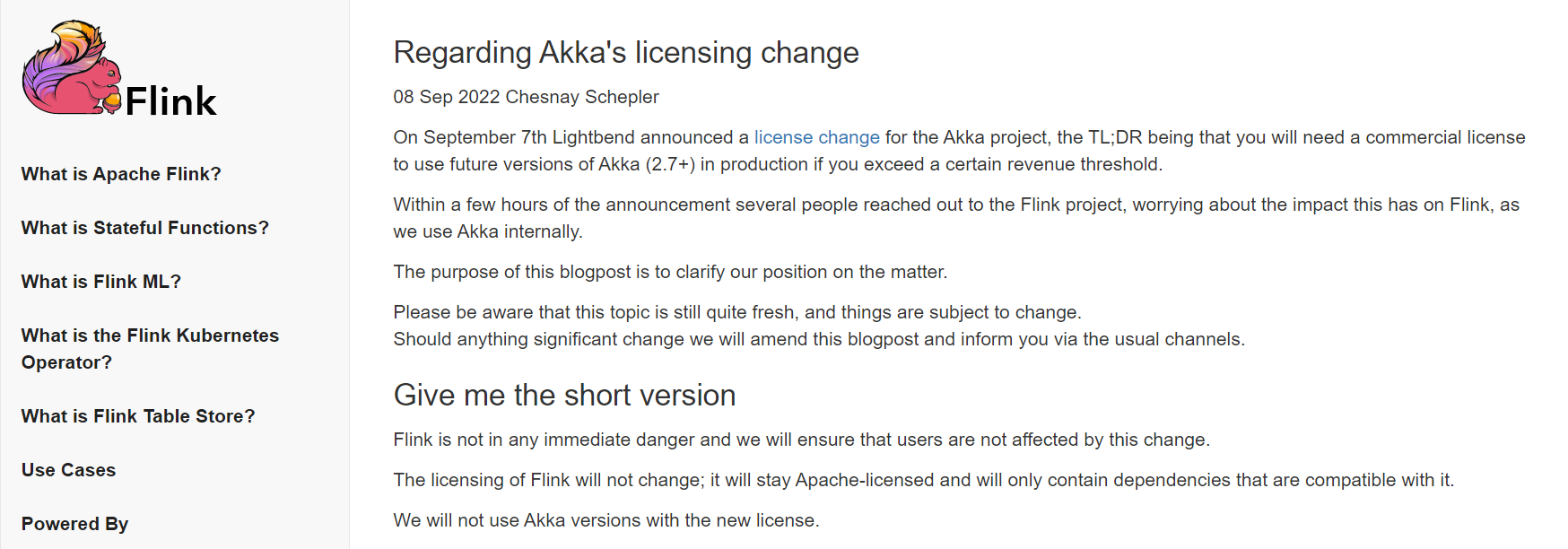 Apache Flink 关于 Akka 许可变更的声明