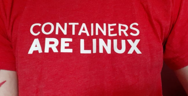 T-shirt reading "Containers are Linux"
