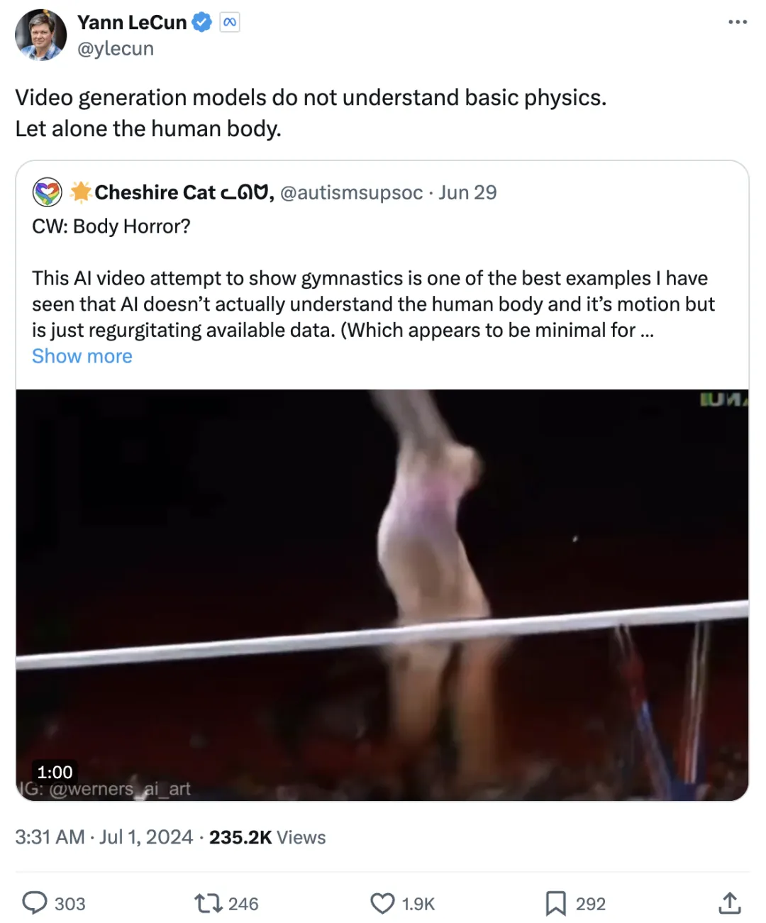 AI恐怖体操视频腿脚乱飞、大变活人，LeCun：视频生成模型根本不懂物理-AI.x社区