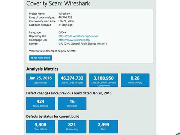 Coverity扫描：Wireshark (https://scan.coverity.com/projects/wireshark)
